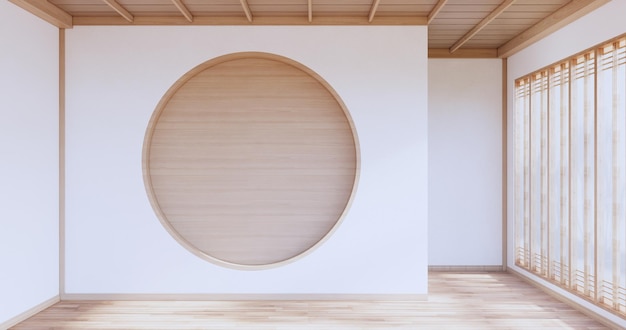 원형 선반 벽 디자인 흰색 빈 방 일본 deisgn 다다미 바닥 3D 렌더링