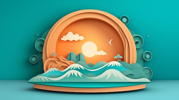 Circle stage podium for summer with sea wave background in blue background Generative AI