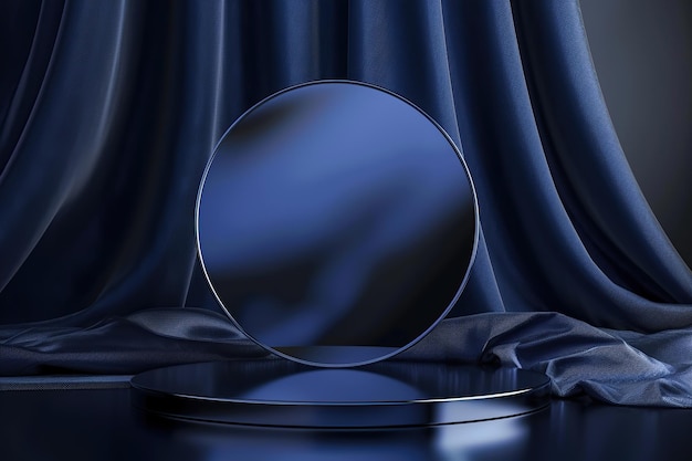 어두운 파란색 직물 배경에 거울 스탠드를 가진 원형 무대 포디움