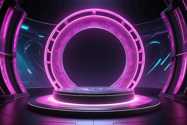 Circle teleport podium pink hologram and portal science futuristic stage