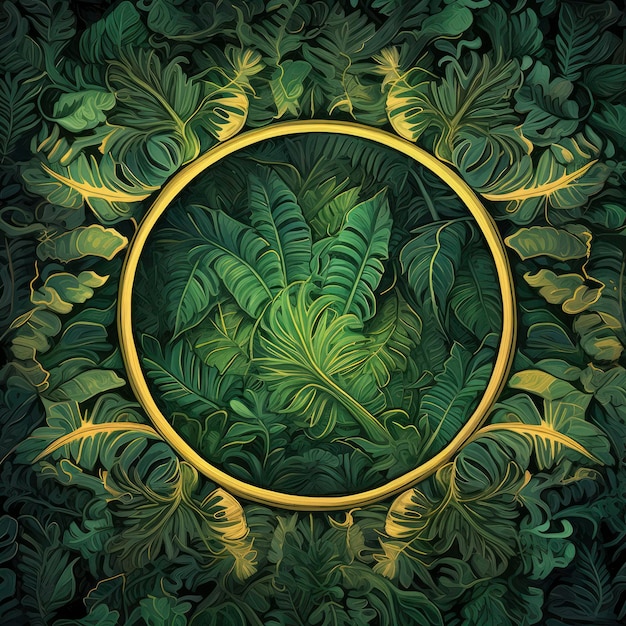 A circle of tropical leaves with a gold frame in the center