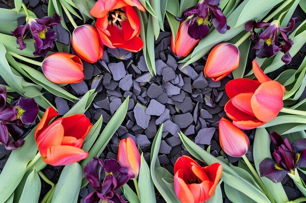 Circle on tulips and irises