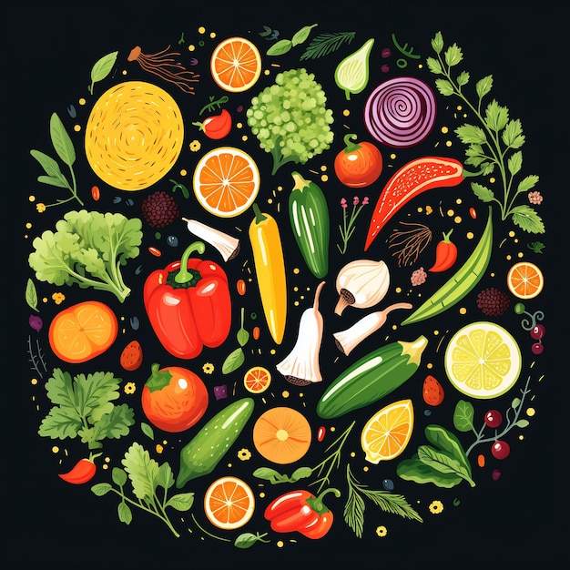 a circle of vegetables and fruits and vegetables are arranged in a circle