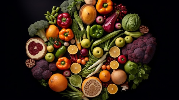 A circle of vegetables with the words