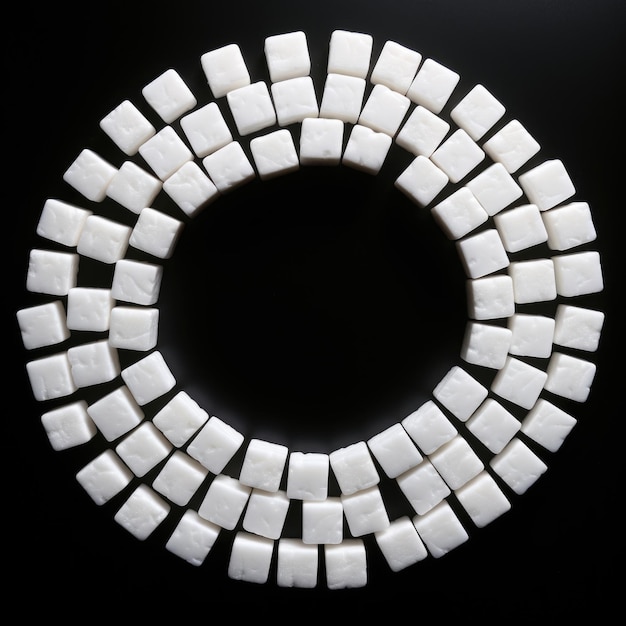 A circle of white sugar cubes on a black surface