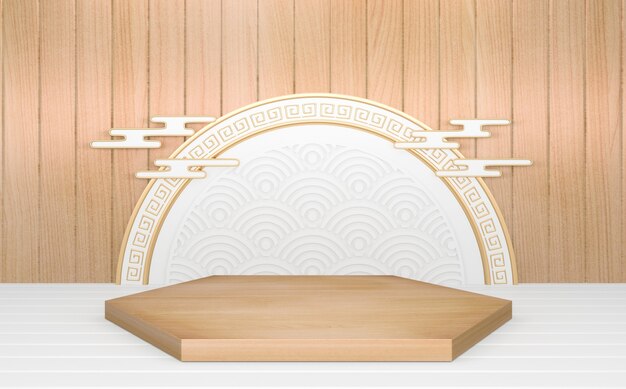 Circle White wooden Podium minimal geometric and decoration japanese style abstract.3D rendering