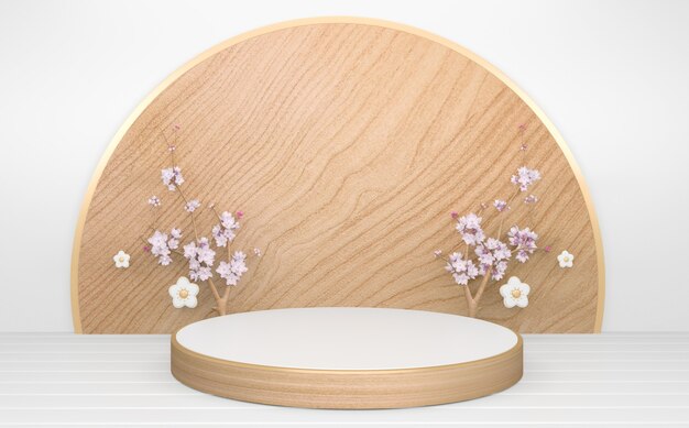 Cerchio bianco podio in legno minimal geometrica e decorazione in stile giapponese abstract.3d rendering