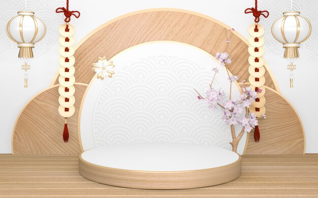 Circle White wooden Podium minimal geometric and decoration japanese style abstract.3D rendering