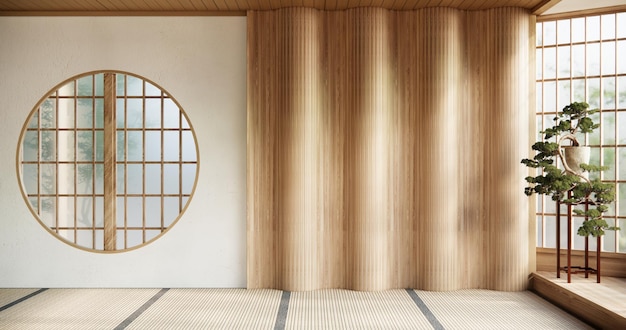 빈 방에 있는 일본 스타일의 원형 창문 미니멀리즘 방 인테리어