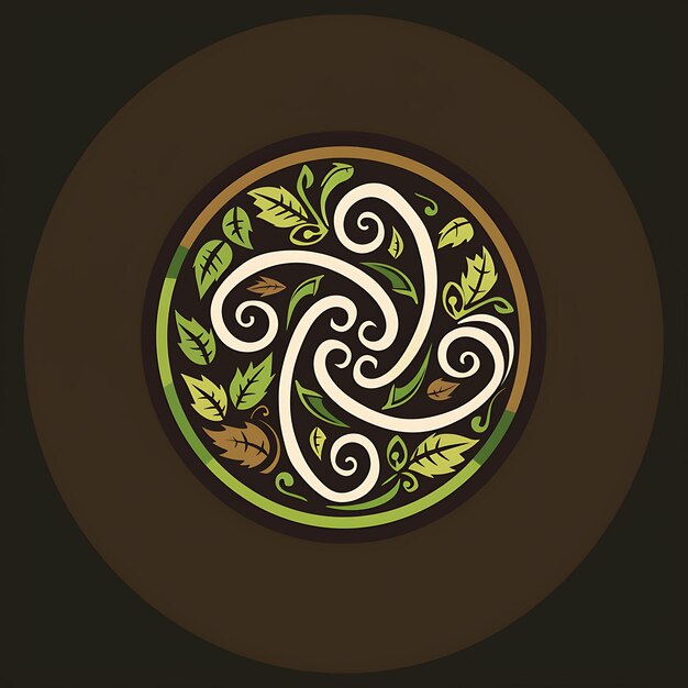 a circle with leaves and a green and white swirl