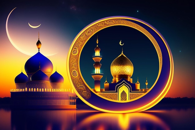 A circle with a mosque and a moon in the background