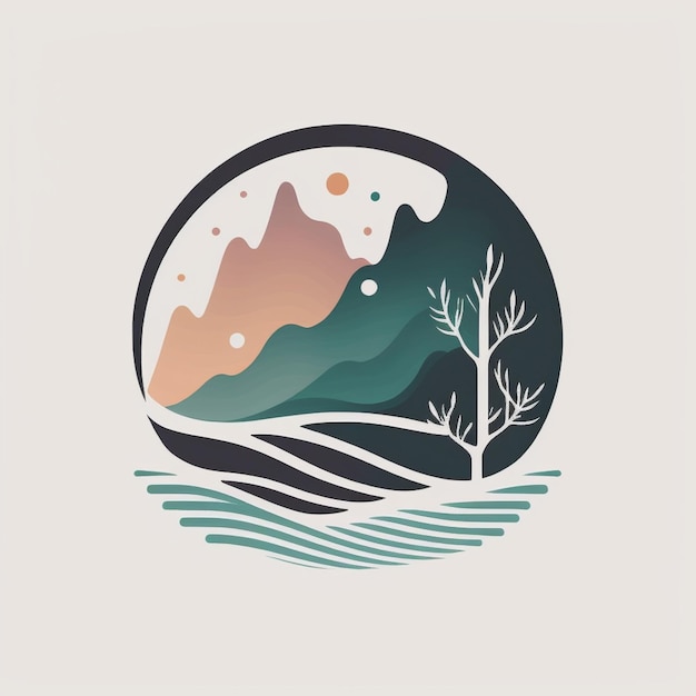 A circle with mountains and trees on it