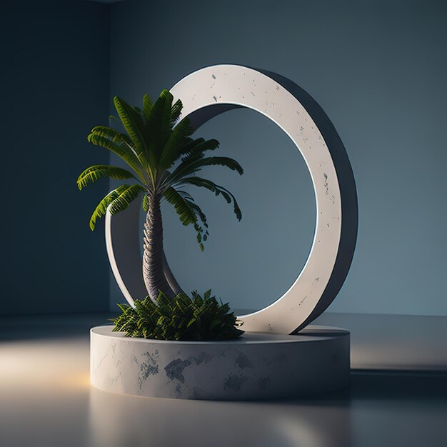 A circle with a palm tree in it and a map of the world on the wall.