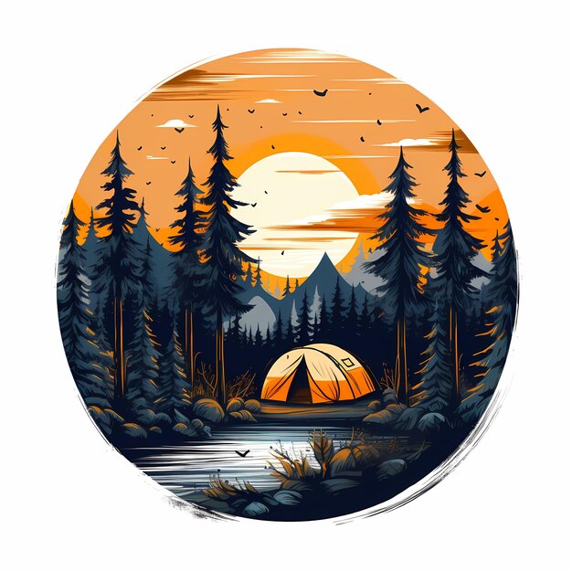 A circle with a sunset and a tent on it