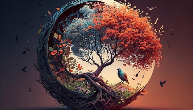 A circle with a tree and a bird on it