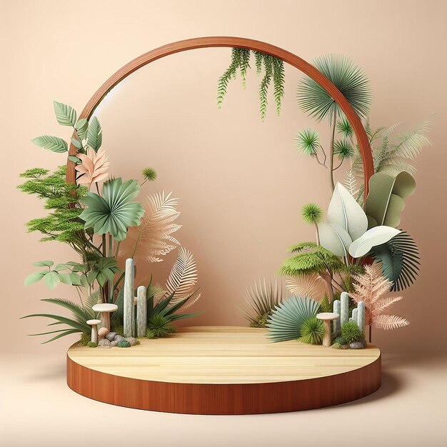 Circle wood podium tropical forest product presentation cream color background