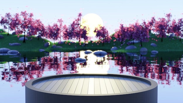 ぼけボケ背景湖と森の3dレンダリング夏の背景と円の木製の表彰台