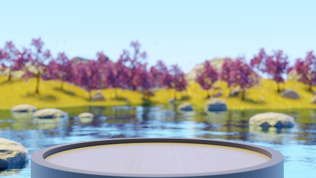 흐림 보케 배경이 있는 원형 나무 연단 호수 3d 렌더에서 분홍색 나무와 노란 풀