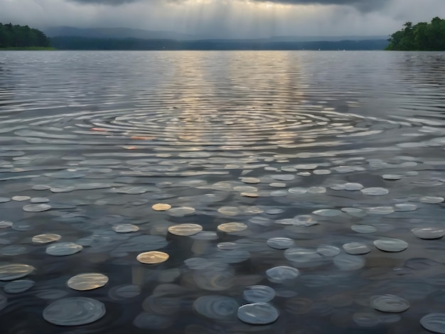 Circles of Rain Ripples on the Lake Amidst Rainfall