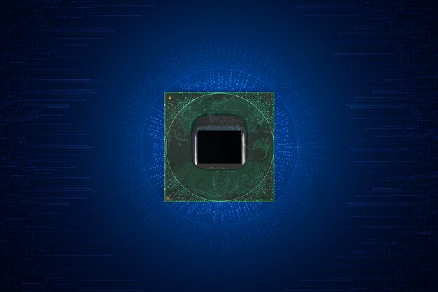 circuit board cpu processor microchip starting artificial intelligence digitalization of neural networking and cloud computing digital lines move data