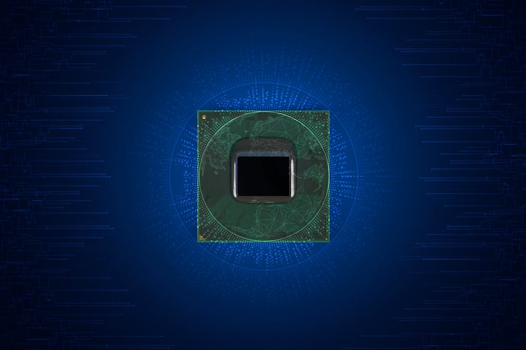 Photo circuit board cpu processor microchip starting artificial intelligence digitalization of neural networking and cloud computing digital lines move data