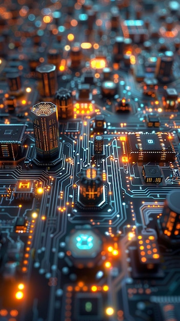 Circuit board intricate design metallic tracks capacitors resistors chips solder points glowing with digital patterns like a futuristic cityscape Realistic Backlighting HDR