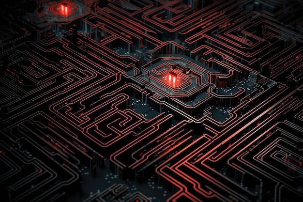 Circuit board maze in shades of gray and black with glowing red accents