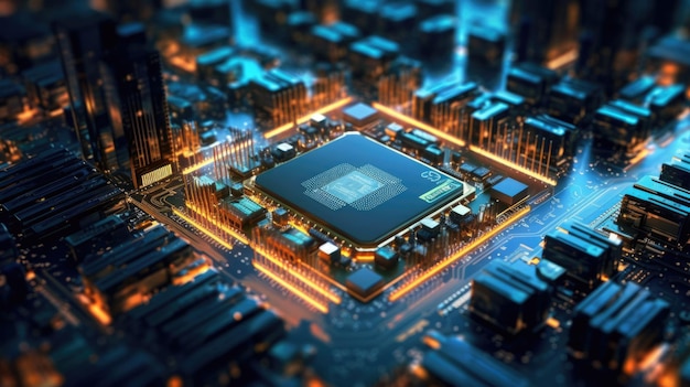 回路基板プロセッサ チップ半導体カラフルなスマートシティ美しい生成 AI AIG32