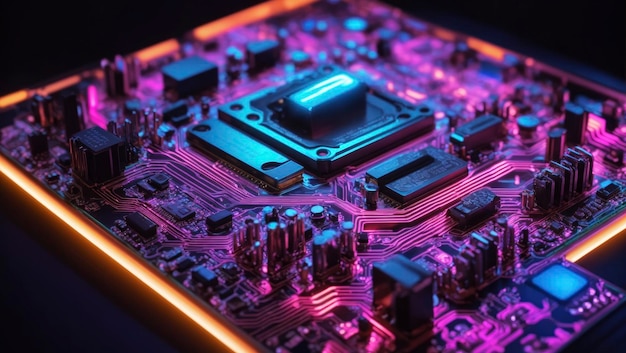 Circuit Board And Processor with Glowing Neon Light