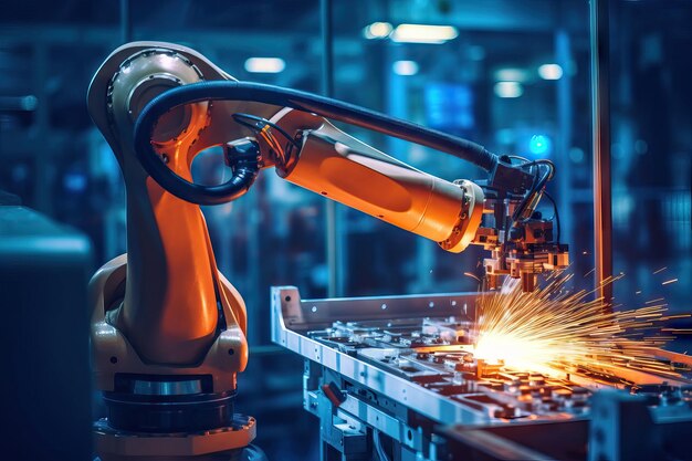 Circuit Board On Production Line With Robotic Arms Working On Microchips creation