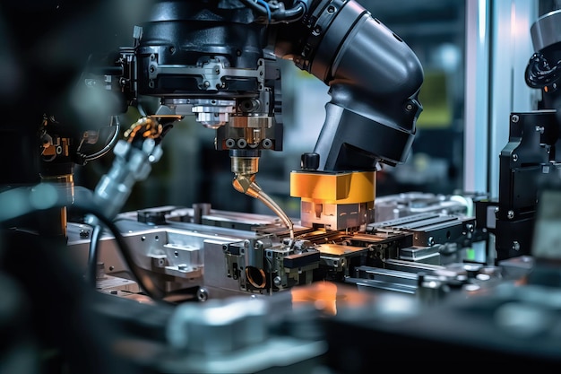 Circuit Board On Production Line With Robotic Arms Working On Microchips creation