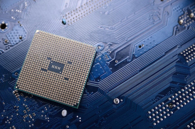 แผงวงจรไฟฟ้า พื้นหลังเทคโนโลยี แนวคิด CPU ตัวประมวลผลคอมพิวเตอร์ส่วนกลาง ชิปดิจิทัลเมนบอร์ด AI โคลสอัพ