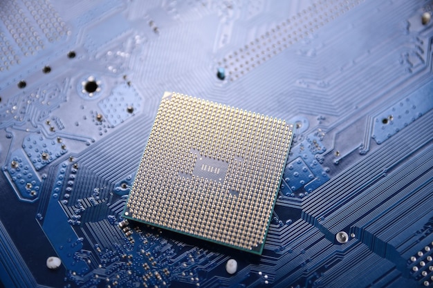 แผงวงจรไฟฟ้า พื้นหลังเทคโนโลยี แนวคิด CPU ตัวประมวลผลคอมพิวเตอร์ส่วนกลาง ชิปดิจิทัลเมนบอร์ด AI โคลสอัพ