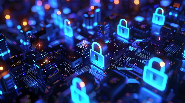 Photo a circuit board with glowing blue padlocks the concept of data protection and cybersecurity 3d illustration