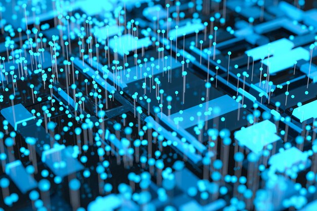 Circuit board with glowing cube and lines 3d rendering computer digital drawing