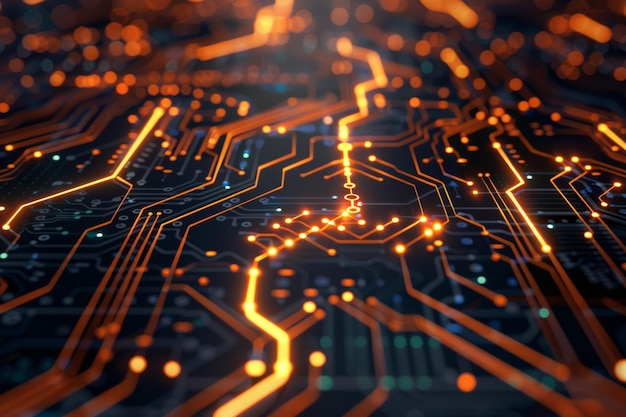 circuit board with glowing lines