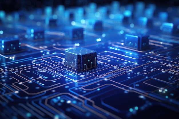 Circuit board with microchips and connections 3d rendering Big data flow with cyber blockchain on a circuit board with blue network system AI Generated