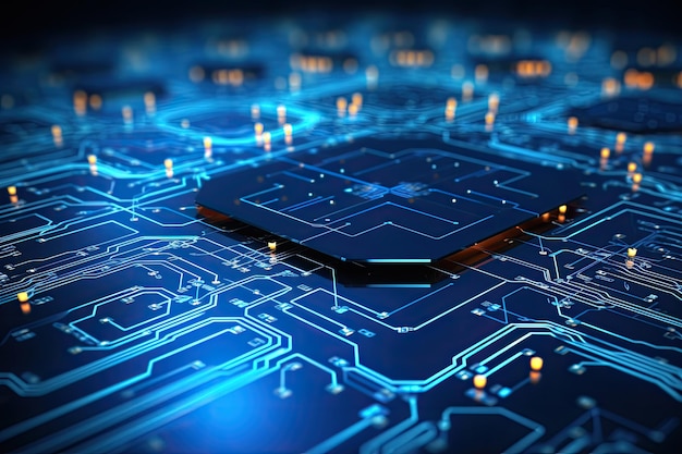 circuit board with microchips and processor 3d rendering big data flow with cyber blockchain on a circuit board with blue network system ai generated