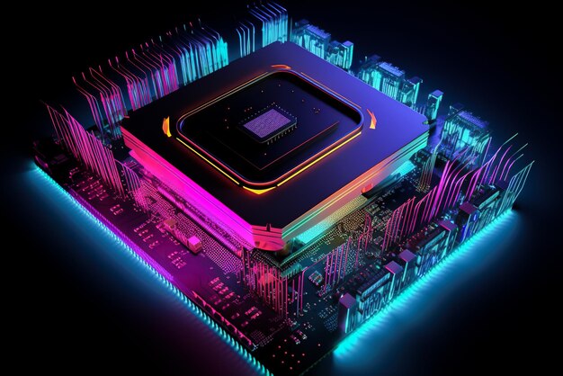 Circuit board with microchips in ultraviolet light Generative AI