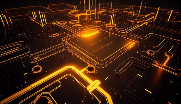 A circuit board with orange and yellow lines and the word circuit on it