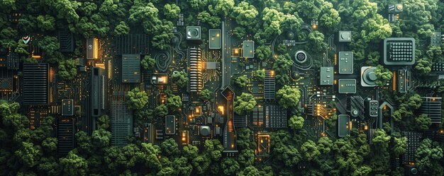 Photo circuit boards merging with natural elements wallpaper