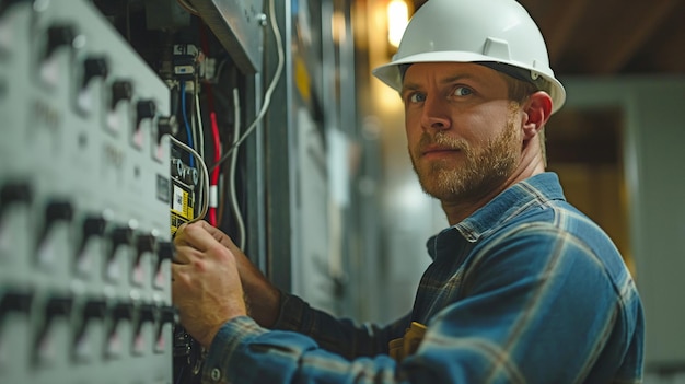 At the circuit breaker box a male electrician is cutting the power to an outlet