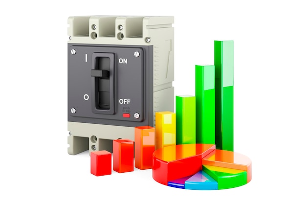 Circuit breaker with growth bar graph and pie chart 3D rendering