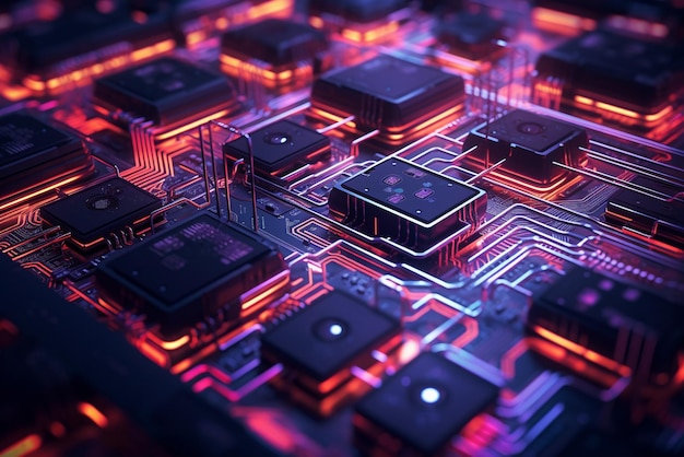 Circuit cyberspace close-up met neonlichten