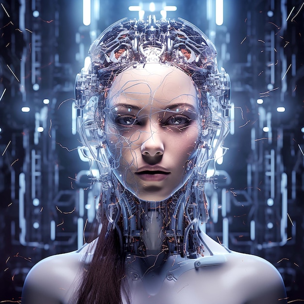 Circuit cyberspace closeup with neon lights Young adult woman in futuristic generate by AI
