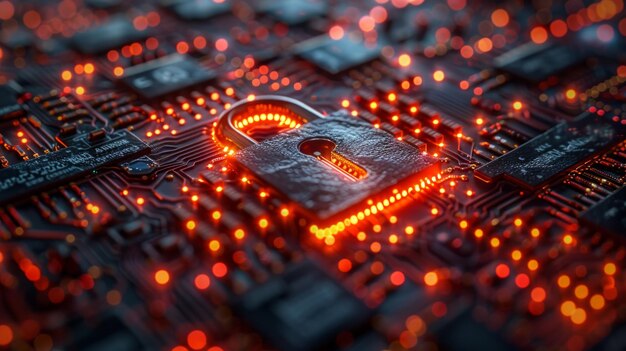 Circuit pattern lock symbolizing data security cyber protection concept visualized essence of cybersecurity in a digital age wide angle photorealistic dusk conceptual AI Generative