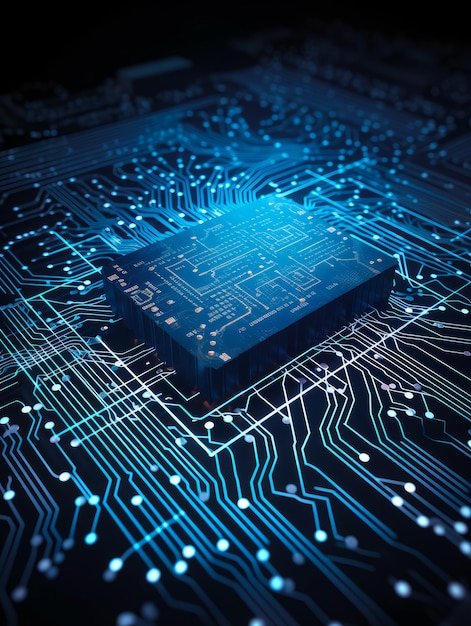 Circuit van een moderne computer Moederbord op zwarte achtergrond Technologische achtergrond Close-up Generatieve AI