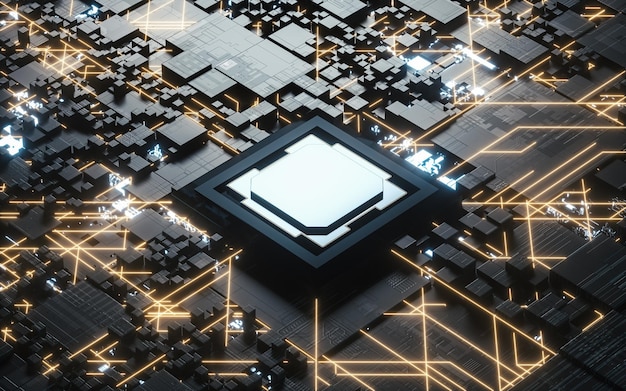 검정색 배경 3d 렌더링이 있는 회로 및 큐브