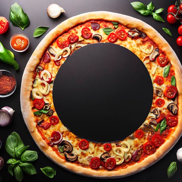 Circulaire frame gemaakt van verse ingrediënten rond heerlijke Italiaanse pizza over zwarte teller