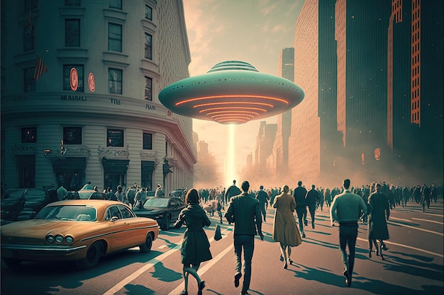 Circulaire UFO's ontketenen chaos in de stad met veel mensen die vintage-stijl Ai generatief runnen